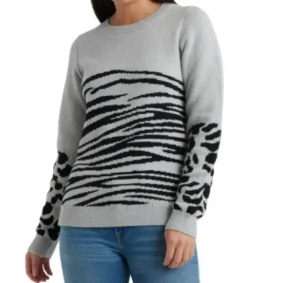 Lucky Brand Women's Gray/Black Animal Print Crew Neck Long Sleeve Sweater - Picture 3 of 6